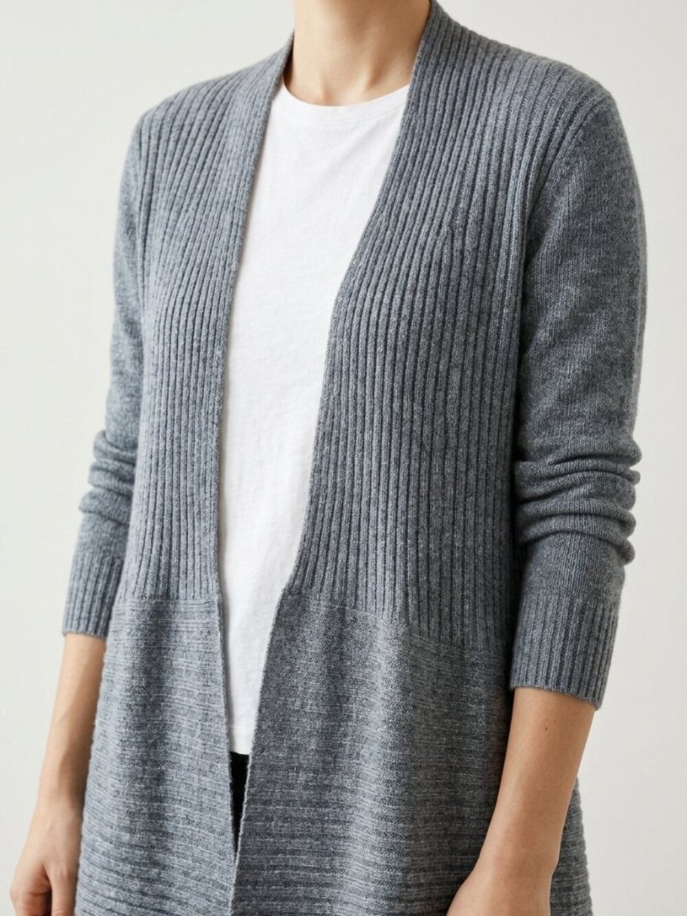 Eileen Fisher Gray Ribbed Open-Front Cardigan | Wool Linen Silk Blend | Size M
